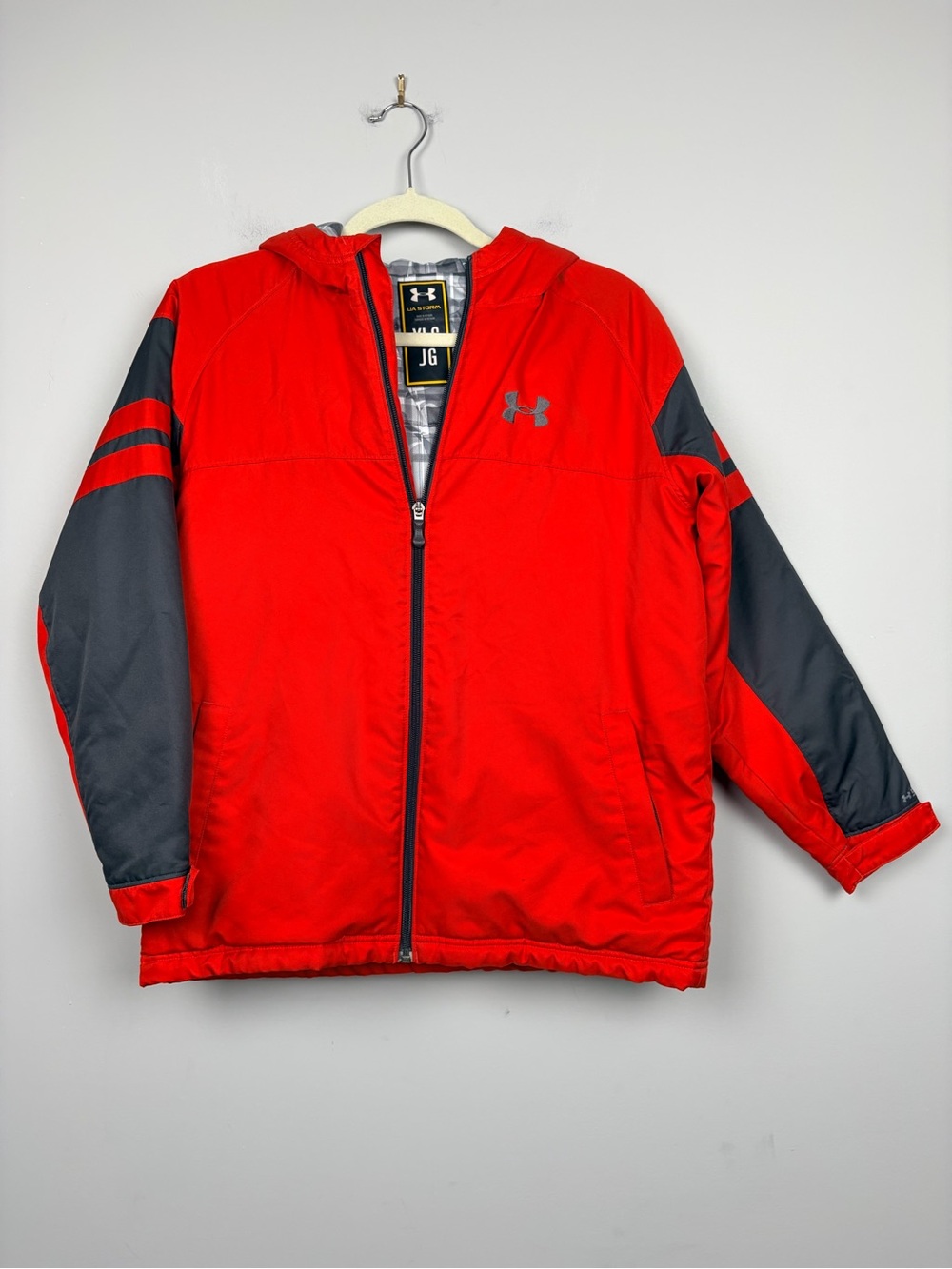 Under Armour UA Storm Youth Large Red Gray Insulated Hooded Jacket YLG